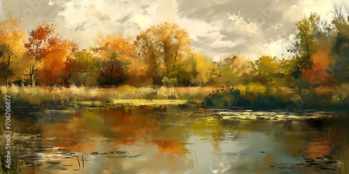Uma imagem retratando uma paisagem serena no estilo do impressionismo, com pinceladas suaves capturando a jogada de luz na água e cores vibrantes e pontilhadas © Alexandre