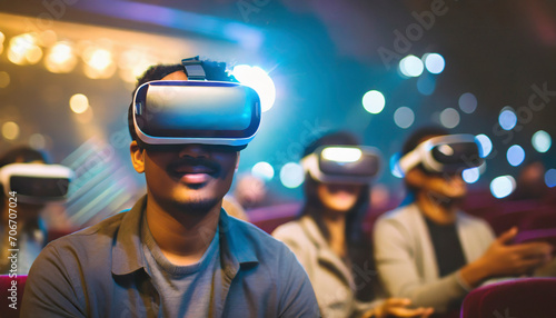 people using virtual reality headset in cinema. VR concept