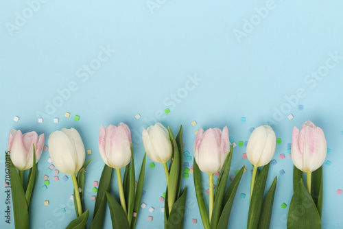 A row of tulips with copy space background for Mother's day decoration