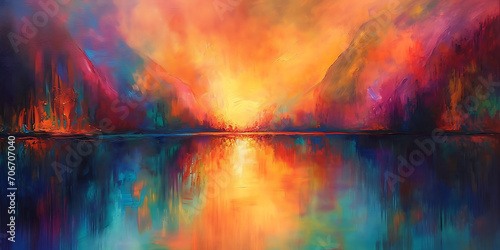 Uma imagem retratando uma paisagem serena no estilo do impressionismo, com pinceladas suaves capturando a jogada de luz na água e cores vibrantes e pontilhadas photo