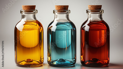 A highly aesthetic picture of three glass bottles of various colours, each sealed with a cork stopper