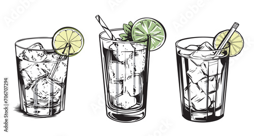 Vector hand drawn set of cocktails and alcohol drinks.