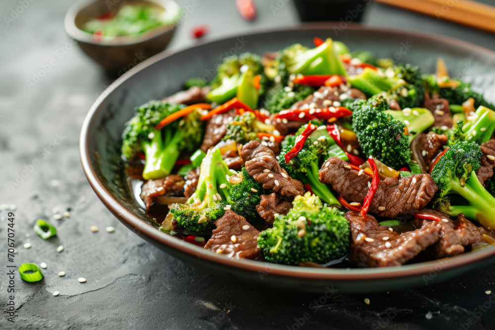 Beef and broccoli stir fry with soy sauce. Chinese cuisine. Generative AI