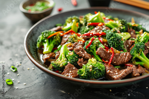 Beef and broccoli stir fry with soy sauce. Chinese cuisine. Generative AI