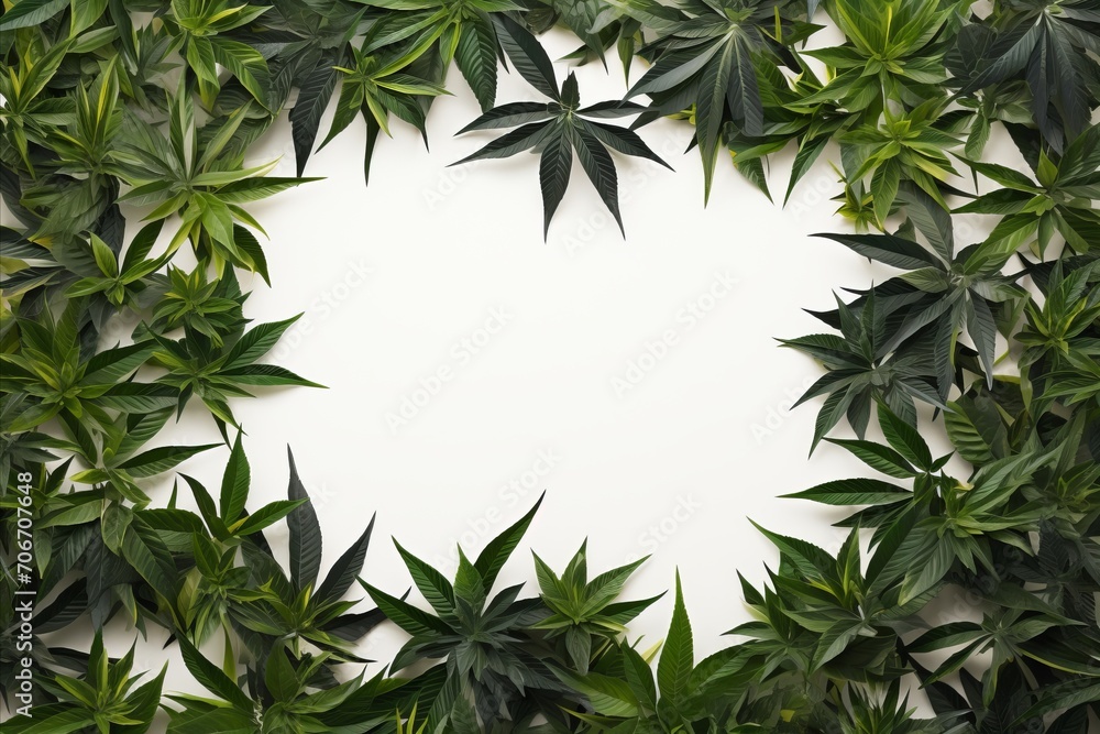 Empty White Frame with Marijuana Leaves Background for Captivating Text or Eye-catching Content Empty White Frame with Marijuana Leaves Background for Captivating Text or Eye-catching Content