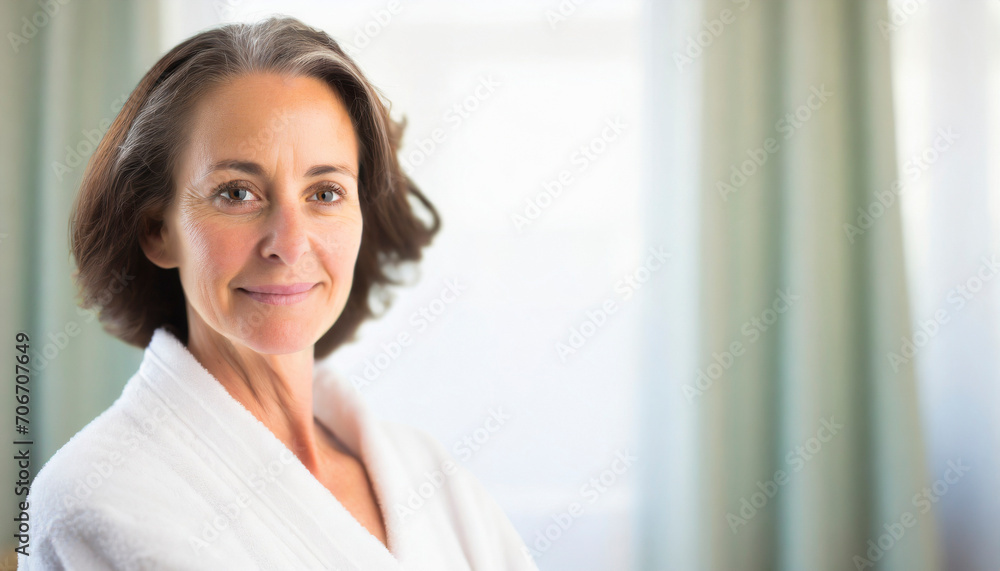 Portrait of smiling senior woman in bathrobe standing in spa center Portrait of smiling senior woman in bathrobe standing in spa center