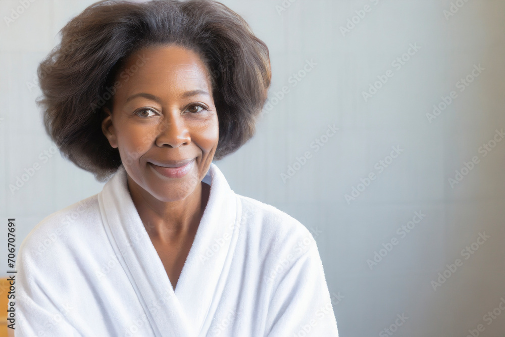 Portrait of smiling mature woman in bathrobe looking at camera in spa Portrait of smiling mature woman in bathrobe looking at camera in spa