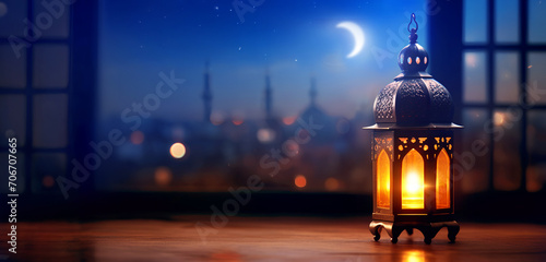  Ramadan Lantern on wooden table. Crescent moon and the stars. © Lilya