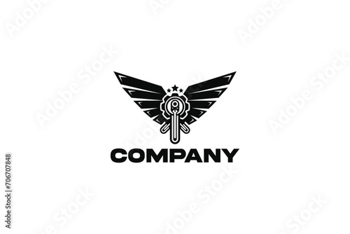 Creative logo design depicting an engine piston with wide and black wings on each side and a wrench. 