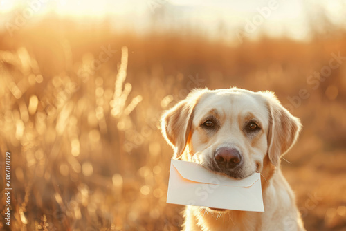 Dog holding a letter in its mouth. Generative AI