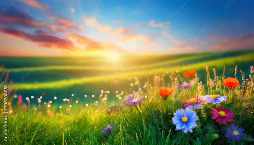 Beautiful spring landscape with flowers on the meadow at sunset. Beautiful spring landscape with flowers on the meadow at sunset.