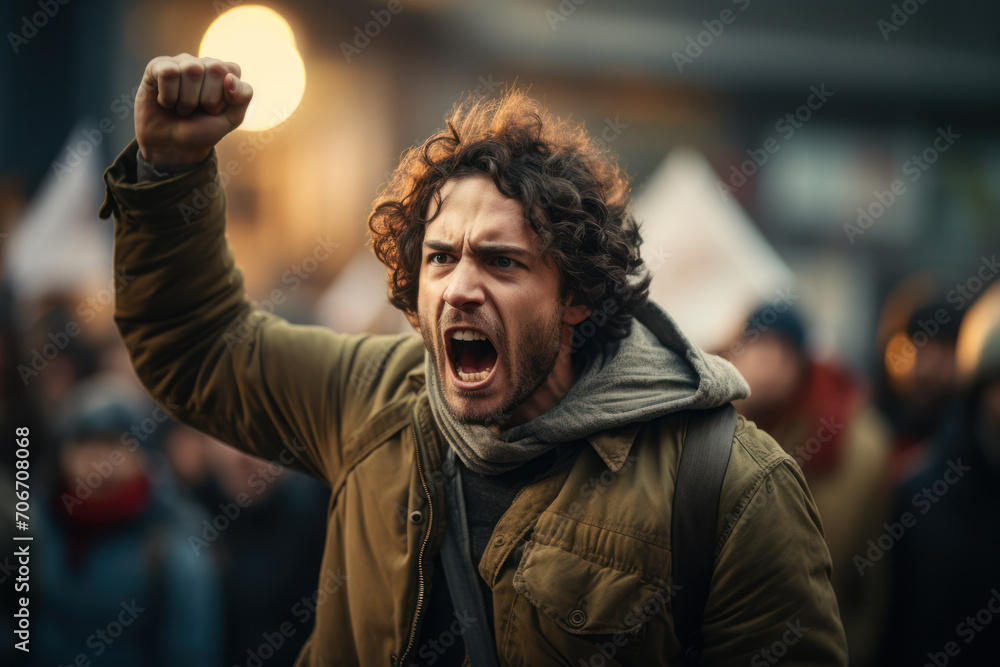 An angry protester expressing discontent with social and political issues, representing the power of activism. Generative Ai. - obrazy, fototapety, plakaty 
