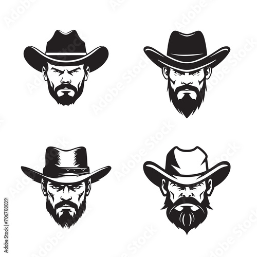 Cowboy head emblems set silhouette hand drawn. icons and signs, vector illustration