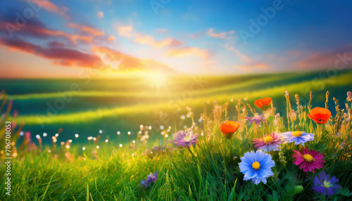 Fototapeta Naklejka Na Ścianę i Meble -  Beautiful spring landscape with flowers on the meadow at sunset.