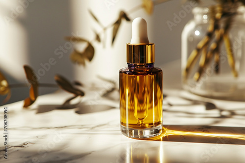 Cosmetic oil bottle background. photo