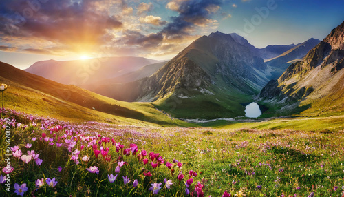 Mountain meadow with flowers at sunset. Colorful summer landscape.