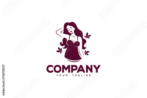 Lingerie Store is a logo design of a beautiful woman with long hair wearing a nightgown in purple color.	