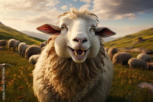 A sheep with a satisfied grin after successfully solving a puzzle, showcasing the unexpected intelligence of farm animals. Concept of clever sheep. Generative Ai. photo