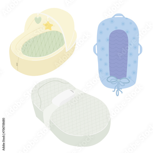 Ergonomic mattress for a newborn. Coconababee. Portable baby bouncer nest, pillow, sleeping bed. Vector illustration

