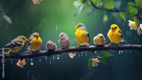 Cute group of little birds sitting rain tree branch photography wallpaper photo