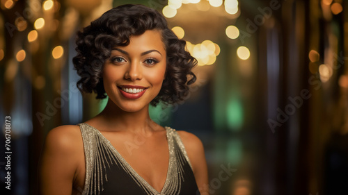 Smiling African American young adult female in 1920s flapper fashion, dress at roaring twenties themed event, embodying vintage elegance and joy