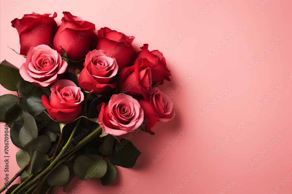 Red Roses Bouquet on Pastel Red Background for Valentines Day, Birthday, Womens Day Red Roses Bouquet on Pastel Red Background for Valentines Day, Birthday, Womens Day