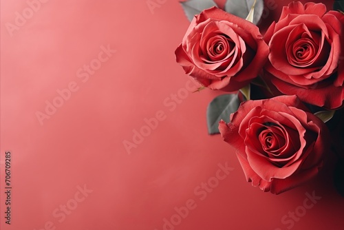 Red roses bouquet on pastel red background, Valentines Day, Birthday, Womens Day, Mothers Day