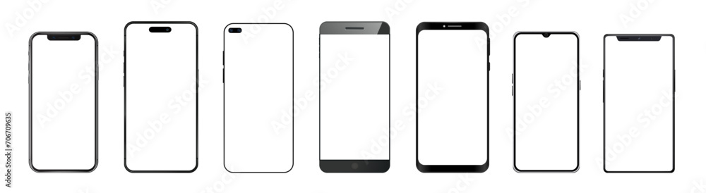 Realistic models smartphone. Mobile phone display, device screen frame and black smartphones vector - obrazy, fototapety, plakaty 