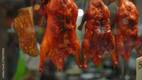 Peking duck in Chinatown restaurant window bangkok, chinese new year, street food, restaurants and cafes, crowds of tourists, delicious food