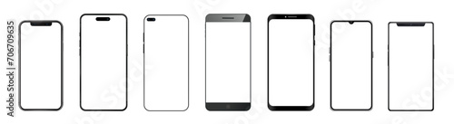 Realistic models smartphone. Mobile phone display, device screen frame and black smartphones vector