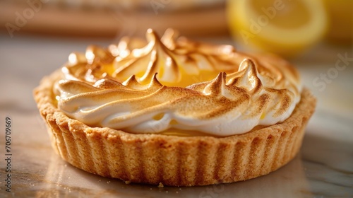 lemon tart with meringue peaks, flames caramelizing the top, on a classic marble countertop