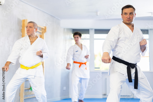 Adult male karateka practicing karate technique in group in gym