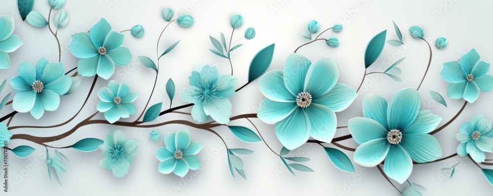 Turquoise pastel template of flower designs with leaves and petals