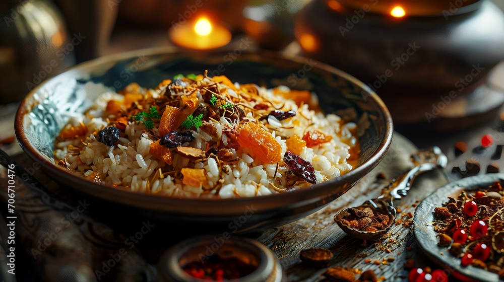 Risotto with pumpkin and dried apricots, selective focus Risotto with pumpkin and dried apricots, selective focus