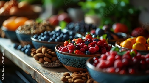 Assortment of fresh berries in bowls on wooden background, selective focus
