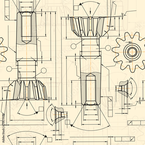 Mechanical engineering drawings on sepia background. Tap tools, borer. Technical Design. Cover. Blueprint. Seamless pattern. Vector illustration.