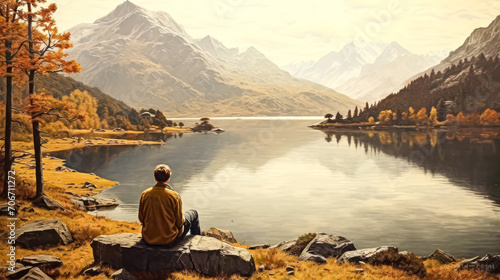 a man standing by a mountain lake, gazing at the sun rising over distant hills and clouds.