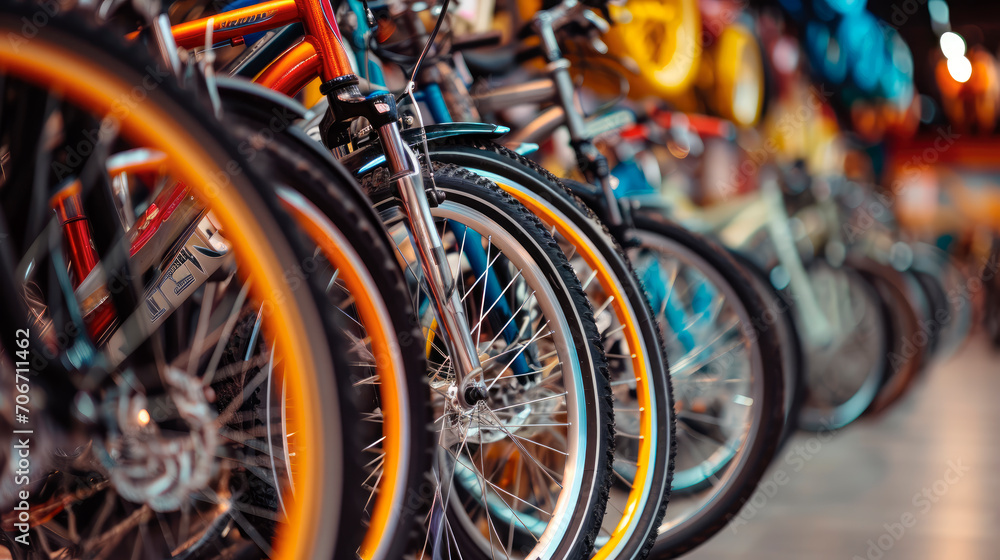 Close-up of a row of different bicycles in a store, Selective focus, copy space Close-up of a row of different bicycles in a store, Selective focus, copy space