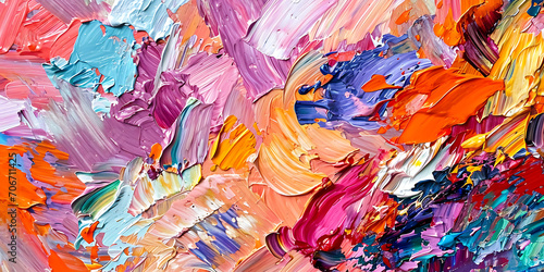 Uma imagem de close-up impactante de uma grande tela preenchida com pinceladas ousadas e vibrantes, mostrando a natureza expressiva e espontânea da arte abstrata.