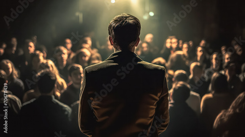Confident businessman addressing a large audience with authority. photo