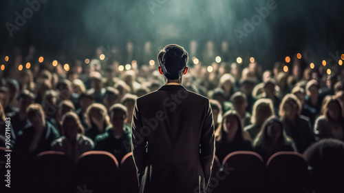 Confident businessman addressing a large audience with authority. photo