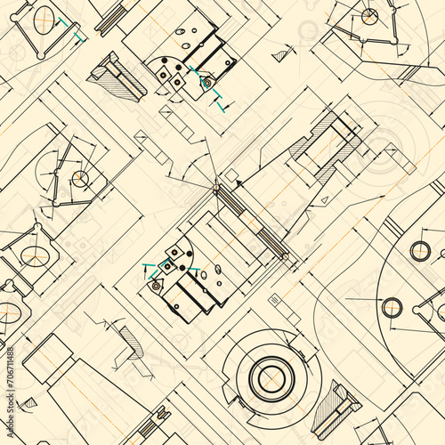 Mechanical engineering drawings on sepia background. Tap tools, borer. Technical Design. Cover. Blueprint. Seamless pattern. Vector illustration.