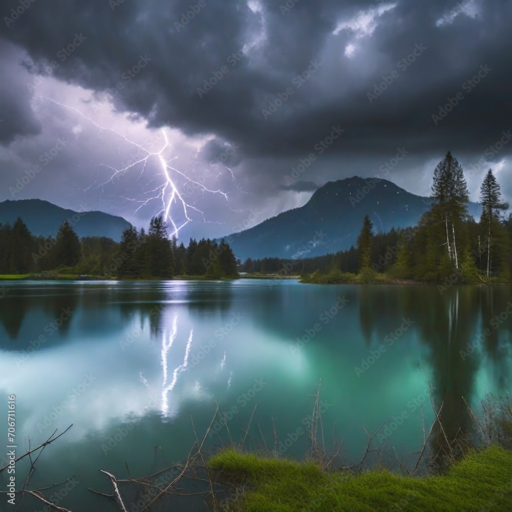 Moody lake landscape with dark clouds and lighting in distance Moody lake landscape with dark clouds and lighting in distance