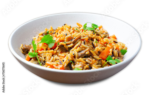 Wild Rice with Mushrooms, Asian Style Vegetarian Meal in a Bowl on White Background