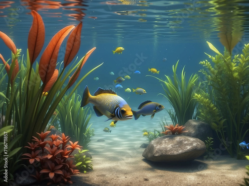 The fish swims in the habitat, against a backdrop of various vegetation