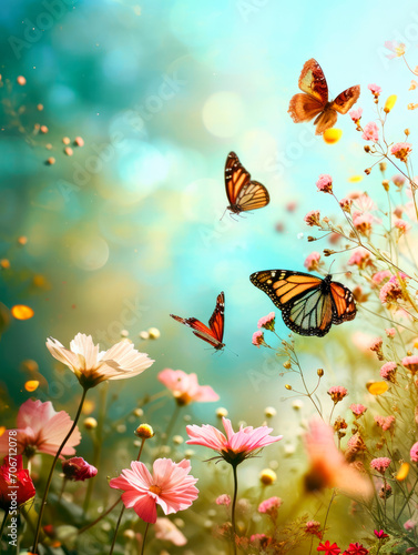 Wildflowers and butterflies on a background with bokeh, summer, futuristic, mysterious floral abstract vertical with copy space