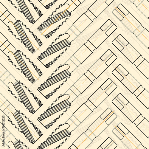 Mechanical engineering drawings on sepia background. Tap tools, borer. Technical Design. Cover. Blueprint. Seamless pattern. Vector illustration.
