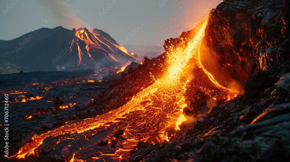Scary volcanic eruption with flowing red magma