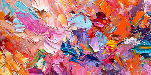 Uma imagem de close-up impactante de uma grande tela preenchida com pinceladas ousadas e vibrantes, mostrando a natureza expressiva e espontânea da arte abstrata. photo