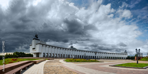 Stormy clouds above the War memorial in Victory Park on Poklonnaya Hill, Moscow, Russia.